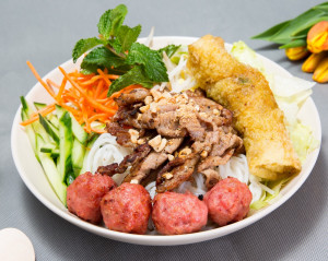 303. Grilled Pork, Grilled Pork Meatballs (nam neung) & Spring Roll