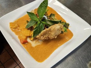 16. Crispy Sea Bass with Panaeng Curry, Pineapple, Vegetables and a bowl of jasmine steam rice. New!