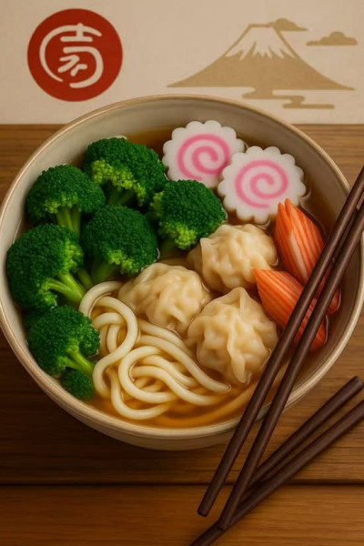 Udon Noodles with Shrimp Wontons / Udon aux raviolis de crevettes